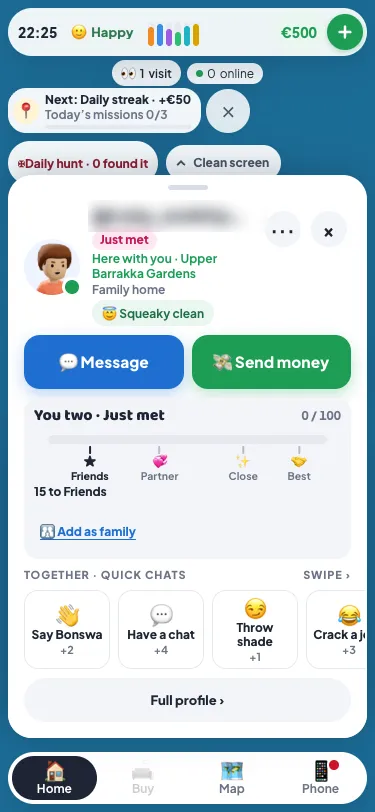 A player's card in Malta Living, open at Upper Barrakka Gardens: Message and Send money buttons, the You two bar at Just met with steps for Friends, Partner, Close and Best, and a row of quick chats