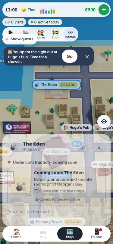 The Eden's card on a phone: "Coming soon: The Eden", bowling, an arcade and karaoke rooms on St George's Bay, opens with the first drops