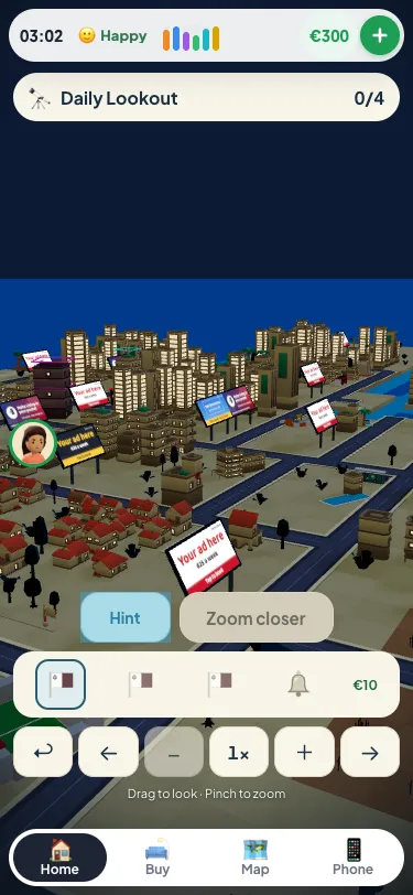 Daily Lookout with the clue, saved progress, city panorama and telescope controls