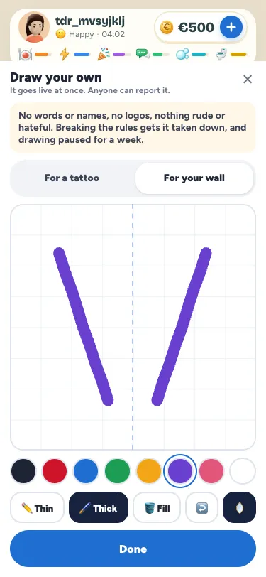 Ink Studio's drawing pad on a phone: two purple lines drawn with the mirror on, the eight colours, the pens, undo and Done
