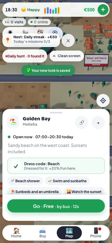 A place's card in Malta Living: Golden Bay, with Dress code: Beach and a tick, Dressed for it: +20% Fun here