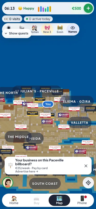 A phone showing the map at drone height: blocks for the towns, big billboards, and area names you can tap
