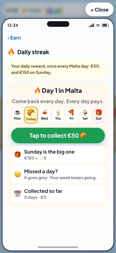 The Earn app's daily streak page: Day 1 in Malta, a row of tiles from Mon to Sun with today highlighted and a gift on Sunday, a green Tap to collect €50 button, and notes that Sunday is the big one and a missed day just goes grey