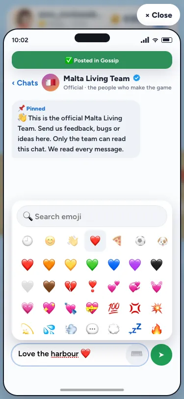 The Team chat on a phone with the emoji picker open on Hearts, and "Love the harbour โค๏ธ" in the box