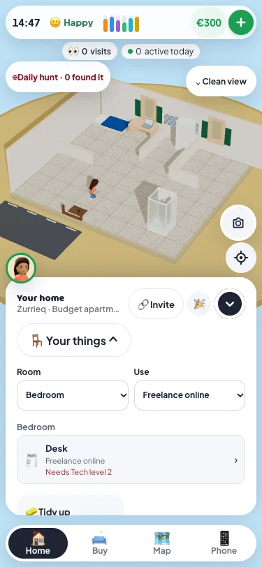 Your things on a phone, filtered to a desk in the bedroom; Freelance online says Needs Tech level 2