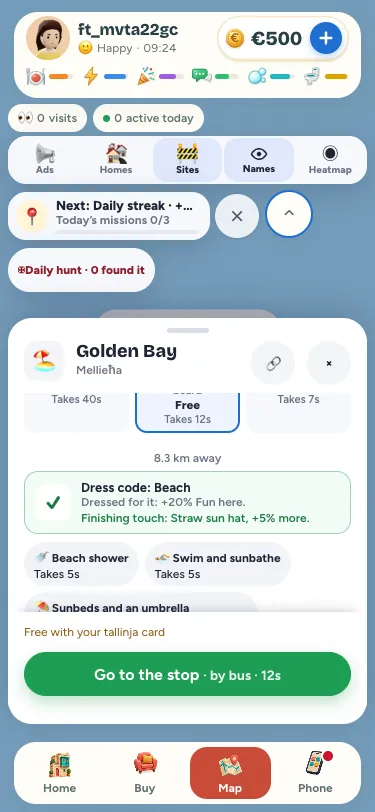 A place's card on a phone: Golden Bay, Dressed for it: +20% Fun here, and under it, Finishing touch: Straw sun hat, +5% more