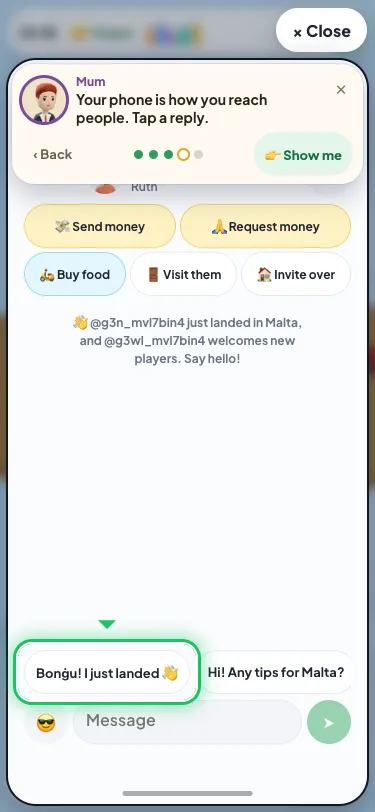 A new player's first chat on a phone: the game's note that a welcomer welcomes new players, and the hello chip "Bonġu! I just landed 👋" ringed above the message box