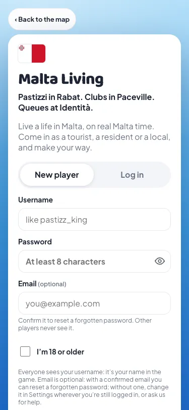 The sign-up screen with Malta's flag in the corner, now with the George Cross in the white half