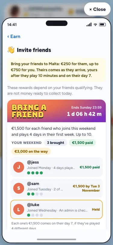 The Invite app on a phone, with the weekend card on top: its countdown, the friends brought so far and each one's days
