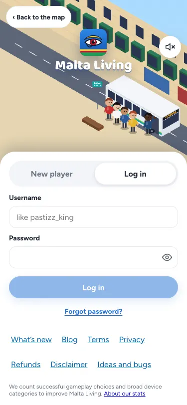 Log in on a phone: our logo over the bus stop at Balluta, and the form on one white sheet below