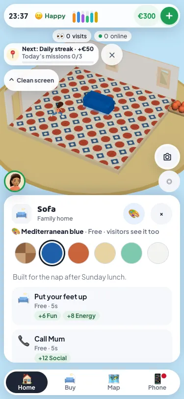 A blue sofa at home with its colour picker open: Mediterranean blue picked, free, and visitors see it too