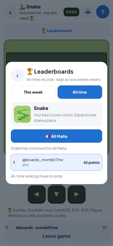 Snake’s all-time leaderboard, opened inside the game