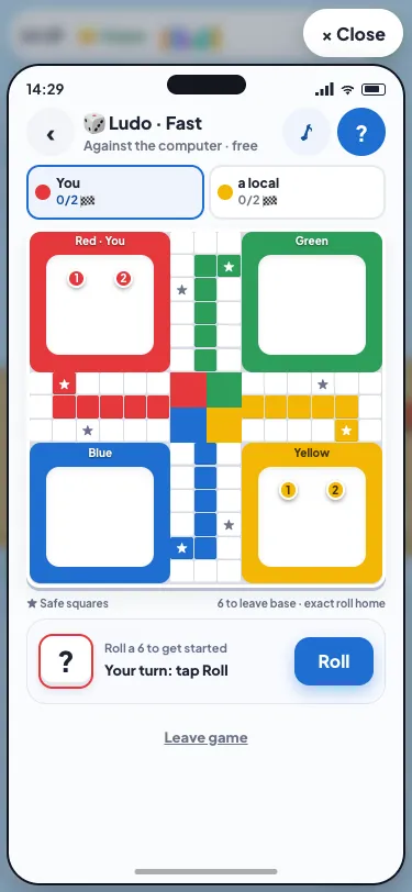A game of Ludo in Malta Living: the four coloured bases, star safe squares, and "Your turn: tap Roll" against the computer