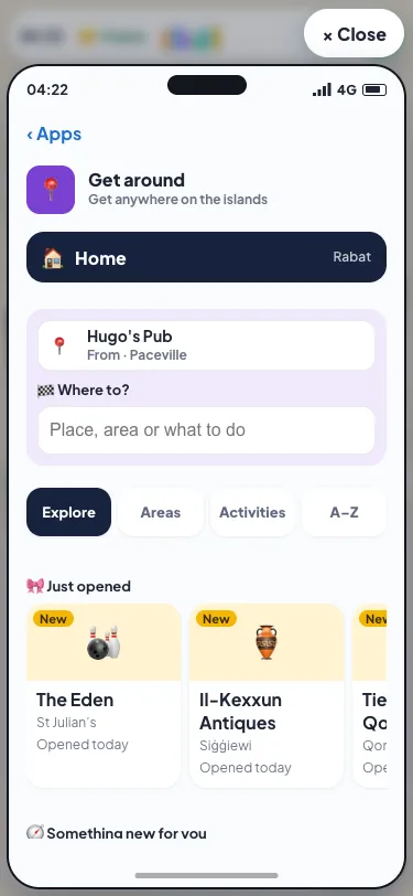 Get around on a phone: Home at the top, the search, four tabs, then Just opened and Something new for you