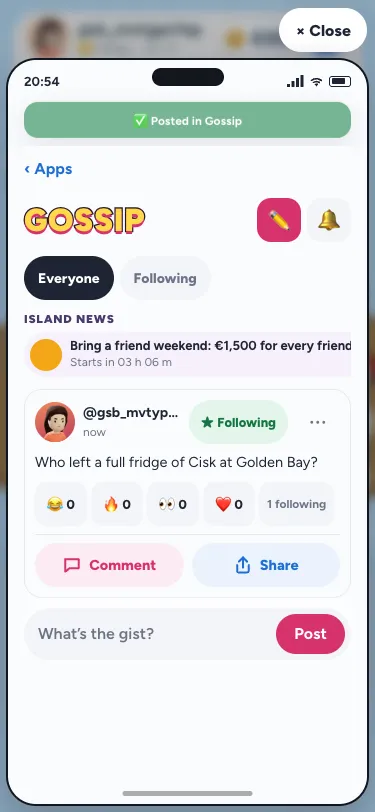 The Gossip feed on a phone: each post with its reactions, then a pink Comment button with the count and a blue Share button