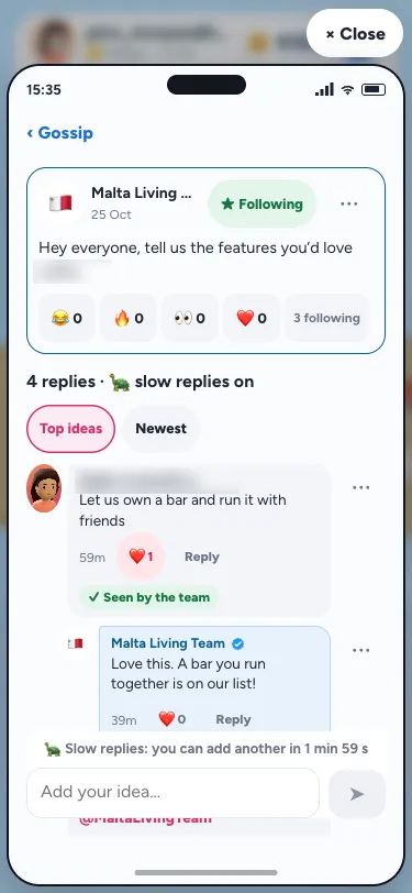 A Gossip thread on a phone: the team's post on top, Top ideas and Newest tabs, a player's idea with ❤️ and "✓ Seen by the team", the team's answer in blue under it, and a slow replies note above the reply box