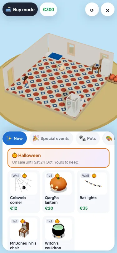 Buy's Special events tab with the five Halloween pieces: the Cobweb corner, the Qargħa lantern, Bat lights, Mr Bones in his chair and the Witch's cauldron