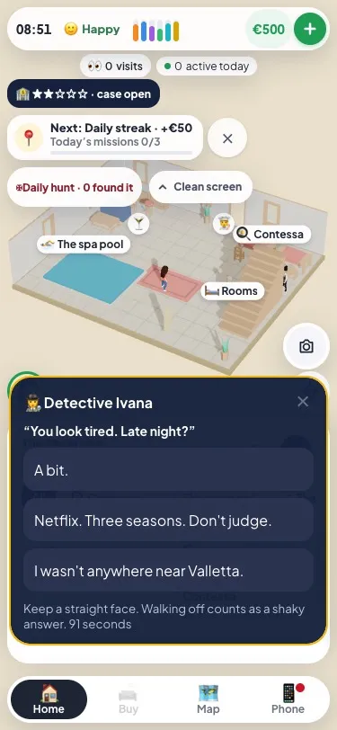Detective Ivana on a phone: a question, three answers, and the seconds left to keep a straight face