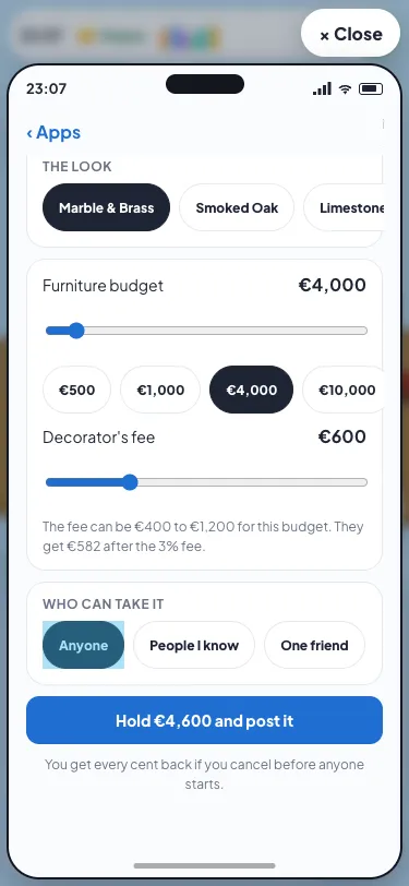 Get it decorated: the rooms, the look, a €4,000 furniture budget and the decorator's fee, with what they get after the 3% fee