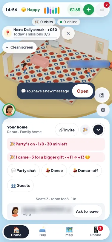 Hosting a party in Malta Living: a guest in the family home's living room, and the host's panel saying the party's on, then Party chat, Dance, Dance-off and Guests