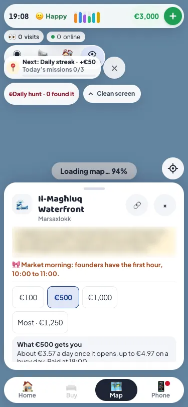 The Il-Magħluq build card in Malta Living: backing €500, what it pays a day once open, and a ftira and a coffee on the house for founders