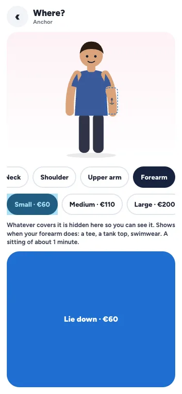 Ink Studio's placement screen on a phone: the character from the front with the anchor on the forearm, the sleeve hidden, and the spot and size chips