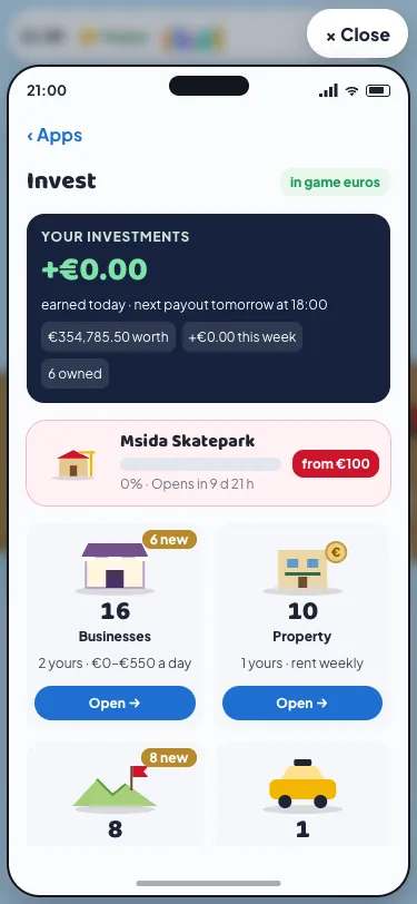 The new Invest app in Malta Living: your investments on top, the Msida Skatepark build wide under it, then four boxes for Businesses, Property, Land and Cabs