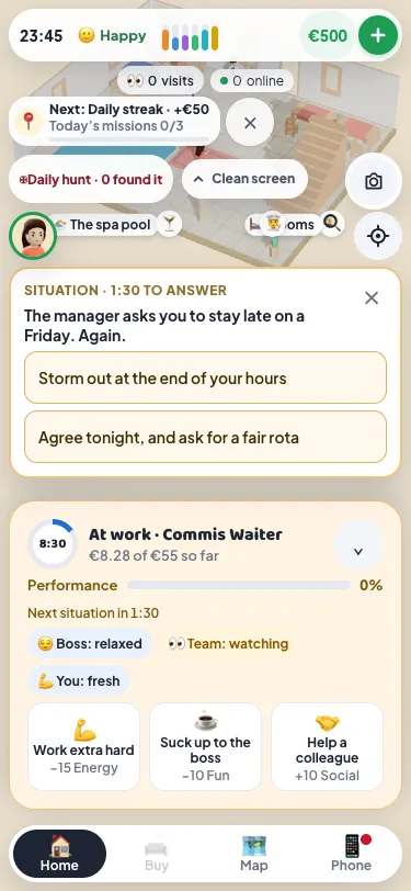 A shift at The Phoenicia: a situation card says the manager asks you to stay late on a Friday again, with two answers, and below it the shift strip shows Commis Waiter, €8.28 of €55 so far, the boss, team and you cues, and three moves