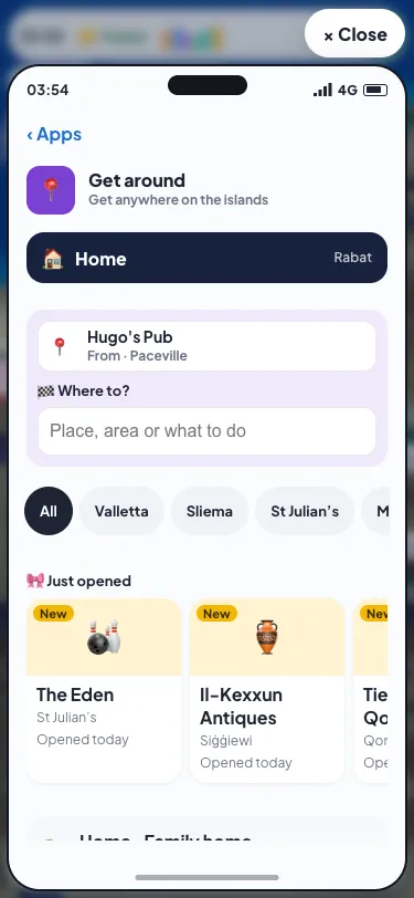 Get around on a phone: Home at the top, the search, then a Just opened row with the Eden marked New and "Opened today"