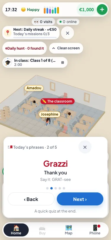 A Maltese class at the Lifelong Learning Hub: two classmates at their desks, and a card reading Today's phrases, 2 of 5, Grazzi, Thank you, Say it: GRAT-see, with Back and Next buttons