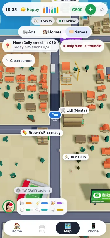 The Malta Living map around Mosta, with Lidl (Mosta), Brown's Pharmacy, the Run Club and Ta' Qali Stadium labelled