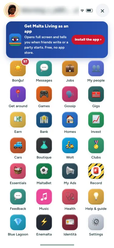 Your phone's home screen: one slim row with your picture, a greeting and the close button, then the apps