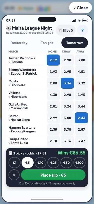 Malta League Night in MaltaBet: tomorrow's eight matches with home, draw and away odds, three picks on a slip at odds of ×17.31 and a €5 chip, "Wins €86.55"