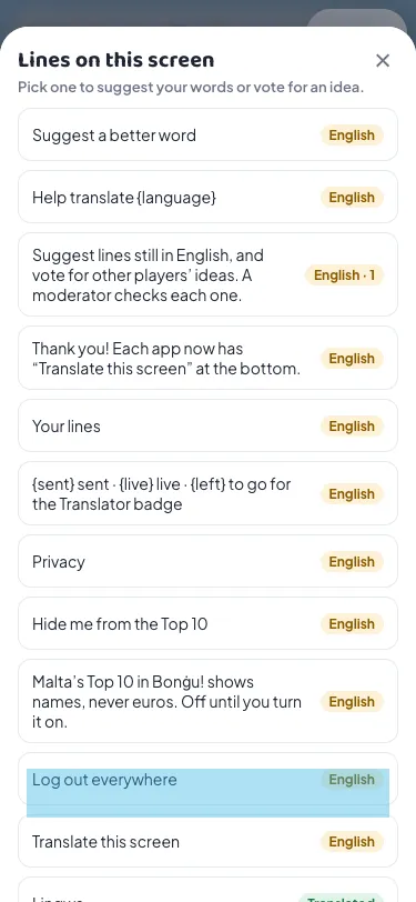 Translate this screen on a phone in Malta Living: the lines on the Settings screen, those still in English first, each with a chip saying English, Flagged or Translated