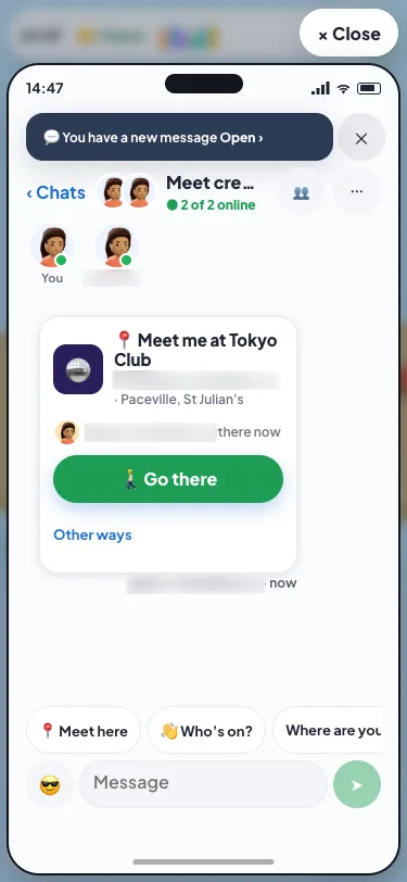 A group chat on a phone: a card that says Meet me at Tokyo Club, from your friend, who's there now, and a big green Go there with the fare