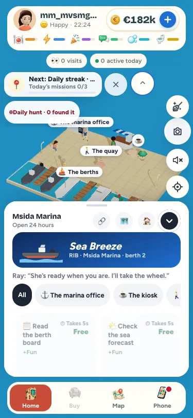 Msida Marina on a phone: the pontoons and boats, and the marina's card with a RIB at her berth