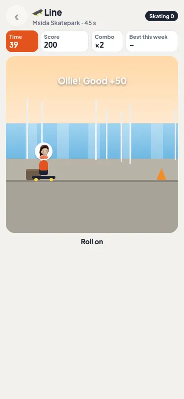 Line, the skating game: a skater rolling towards a rail, with the combo counter and the controls along the bottom