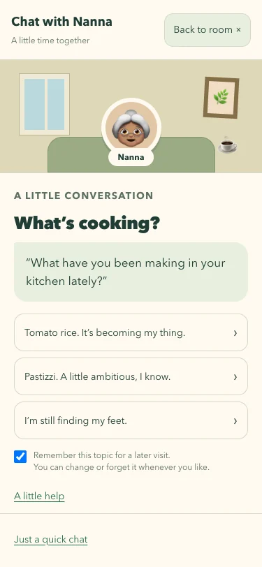 The first Nanna conversation, with three kitchen-topic choices