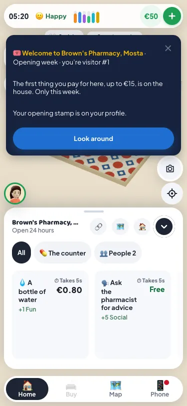 A phone inside a new place: "Welcome to Brown's Pharmacy, Mosta", opening week, visitor number, the thing on the house and the stamp