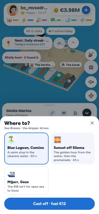 Where to? on a phone: the Blue Lagoon, the sunset off Sliema and Gozo as picture tiles, and Cast off with the fuel
