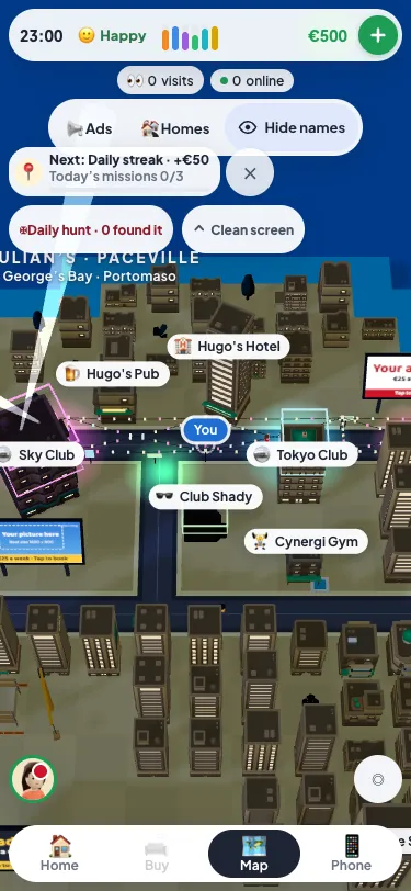 The Paceville strip on the Malta Living map at 23:00, with Sky Club, Tokyo Club, Club Shady, Hugo's Pub and Hugo's Hotel lit up
