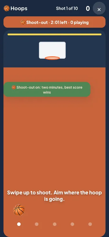 Hoops on a phone: the hoop at the top of the court, the ball at the first spot, the shot clock running and a shoot-out on