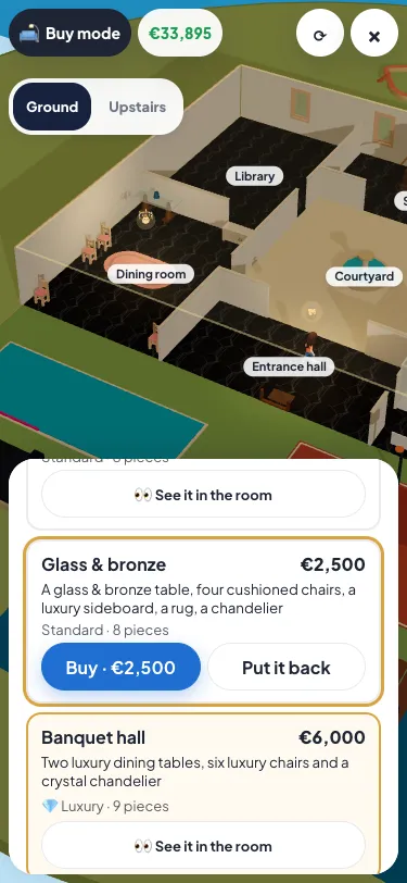 Style packs on a phone: the dining room framed in the view, the Glass & bronze pack standing in it, and Buy or Put it back underneath