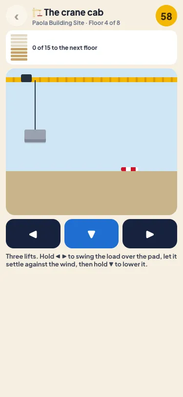 The crane cab on a phone: a grey load hanging from the yellow jib over a striped landing pad, with the ◀ ▼ ▶ buttons below