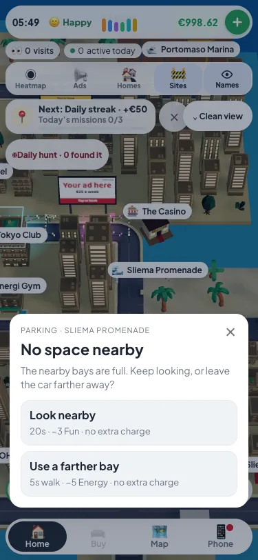 The parking choice shows a 20-second nearby search costing 3 Fun and a five-second walk costing 5 Energy