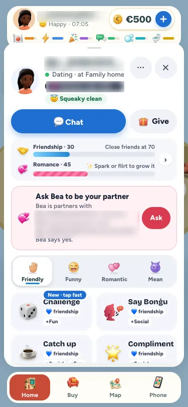 A player's card on a phone: their partner shown on a dark chip under the name, and a pink card under the bars that asks to be partners, naming who else is told
