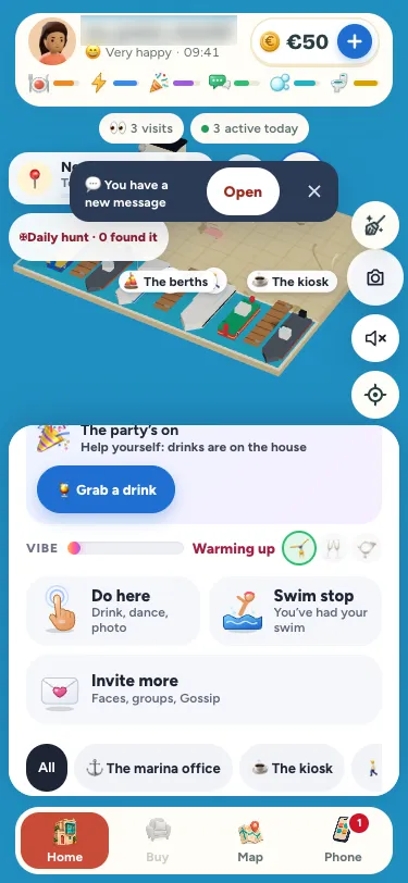 The party aboard on a phone: out at sea, the vibe with its three goals, a swim ticked, and the Swim stop tile