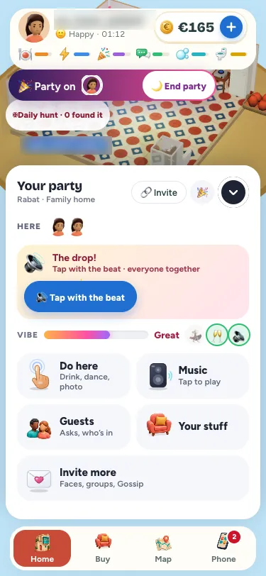 A party on a phone: the drop's card, Tap with the beat, and the vibe bar with its three goals, two of them ticked