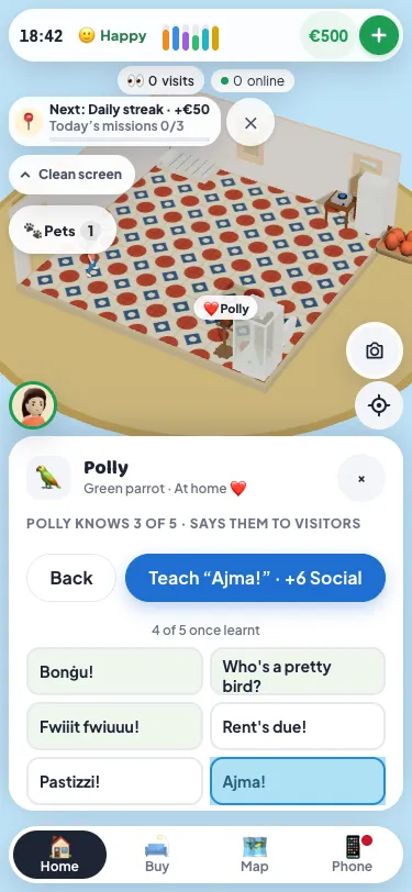 Polly the green parrot at home in Malta Living: her card says she knows 3 of 5 words and says them to visitors, with "Teach Ajma! · +6 Social"