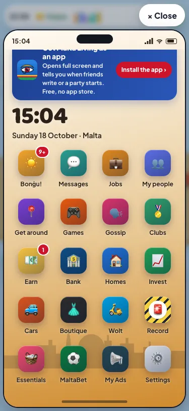 The Malta Living phone's home screen: the Malta clock and date, a card to install the app, and rows of apps from Bonġu! and Messages to Essentials, MaltaBet, My Ads and Settings